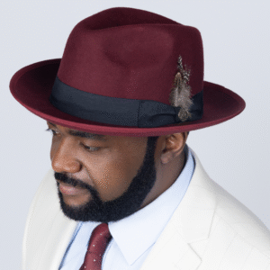 Burgundy Fedora Hat with Feather Accent